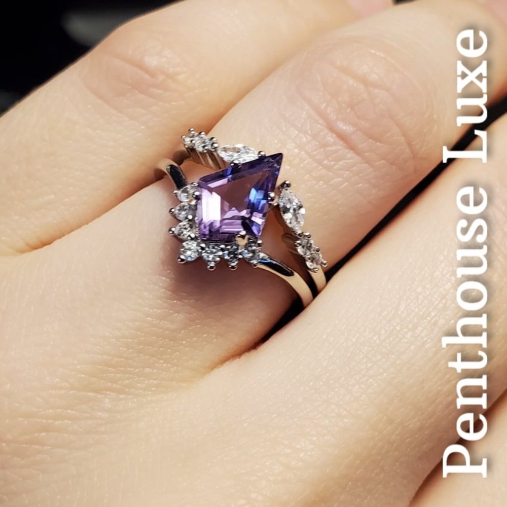 SOLID 925 Sterling Silver Purple Amethyst Kite Cut Ring Set